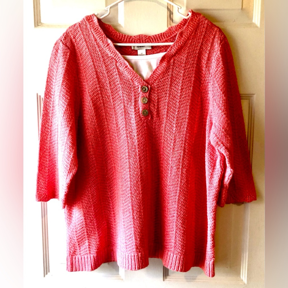 C.J. Banks Coral Pink White Bib 3 Wooden Button 3/4 Sleeve Pullover Sweater 2X